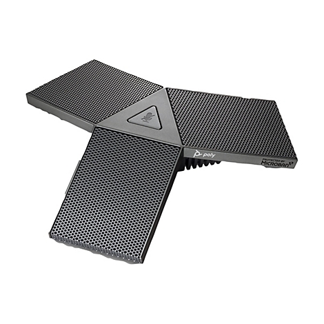 Grauer Lautsprecher, dreiteilig, mit Lochmuster. Auf der Oberseite ist ein Mikrofon-Symbol und der Schriftzug Poly zu sehen.