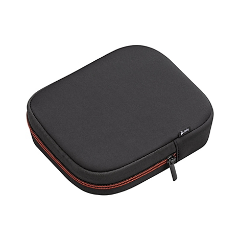 Schwarze, rechteckige Tasche mit rotem Reißverschluss und Poly-Logo. Auf weißem Hintergrund.