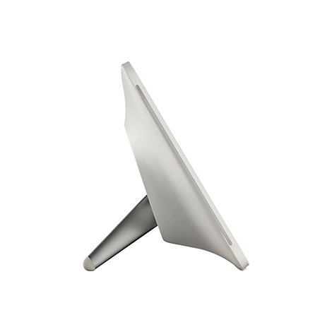 Ein grauer Monitor, in Schräglage, mit silbernem Standfuß und weißem Hintergrund.