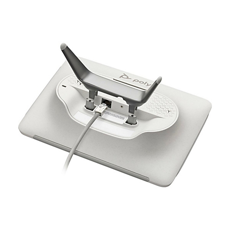 Hellgraues Poly-Gerät mit integrierter Halterung und Netzwerkkabel.