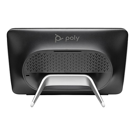 Schwarzes Poly-Videokonferenzgerät, Rückansicht. Silberner Ständer, poly-Logo, Lochmuster unten.