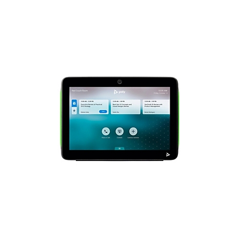Poly Konferenz-Touchscreen zeigt Besprechungsübersicht, Zeit und Steuerungsoptionen auf türkisfarbenem Hintergrund.