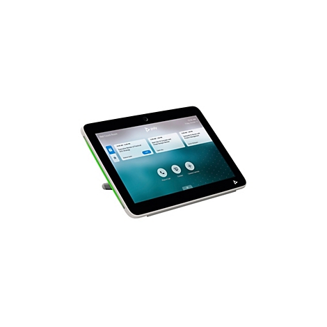 Poly Konferenz-Touch-Controller in schräg stehender Ansicht mit Benutzeroberfläche auf dem Display.