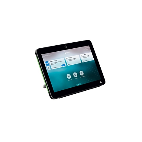 Schwarzes Tablet mit grünem Rand, zeigt Videokonferenz-Interface. Auf dem Bildschirm sind Termine und Logos zu sehen.