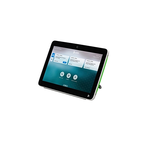 Ein rechteckiges, weiß-schwarzes Tablet mit grünem Rahmen zeigt einen Konferenzplan. Auf dem Bildschirm sind Optionen wie 'Anruf tätigen' und 'Kamera-Steuerung' zu sehen.