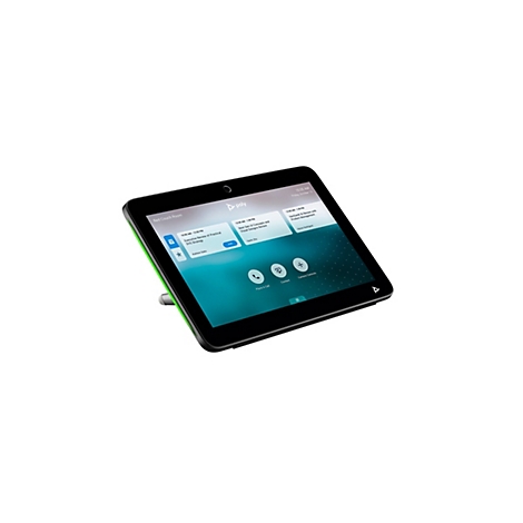 Ein schwarzes Poly Touch-Display zeigt eine Meeting-Benutzeroberfläche vor weißem Hintergrund.