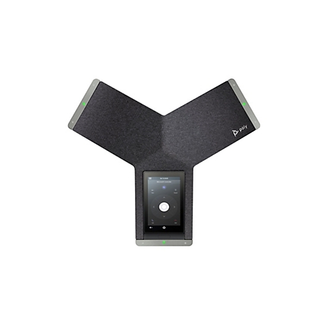 Ein Y-förmiges, graues Videokonferenzsystem mit einem Touchscreen-Display. Auf dem Display ist das Datum 04/13/2020 zu sehen, mit Bedienelementen für Microsoft Controller.