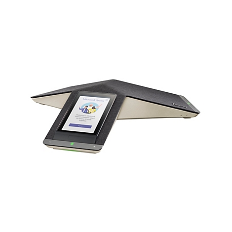 Ein graues, dreieckiges Konferenzsystem mit einem Touchscreen, der das Microsoft Teams-Logo zeigt. Das Gerät ist vor weißem Hintergrund platziert.