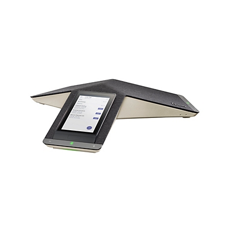 Ein graues Konferenztelefon auf weißem Hintergrund. Das Telefon hat ein abgewinkeltes Design mit einem eingebauten Touchscreen-Display. Der Bildschirm zeigt Meeting-Informationen an.