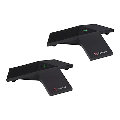 Zwei schwarze Polycom-Konferenztelefone mit grünen Akzenten.