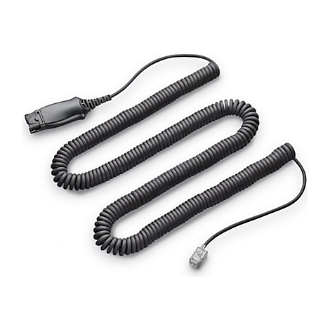 Schwarzes Spiralkabel für ein Telefon, mit Steckern an beiden Enden.