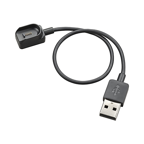 Schwarzes Ladekabel für eine Smartwatch, USB-A Stecker. Detailaufnahme vor weißem Hintergrund.