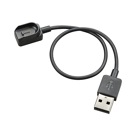 Schwarzes Ladekabel. Oben die Ladeschale mit Kontaktpunkten, unten USB-A Stecker. Beide durch ein rundes Kabel verbunden.