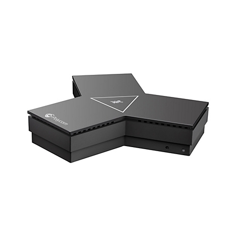 Schwarzes, sternförmiges Polycom-Gerät mit weißem Symbol und Polycom-Logo. Auf weißem Hintergrund.