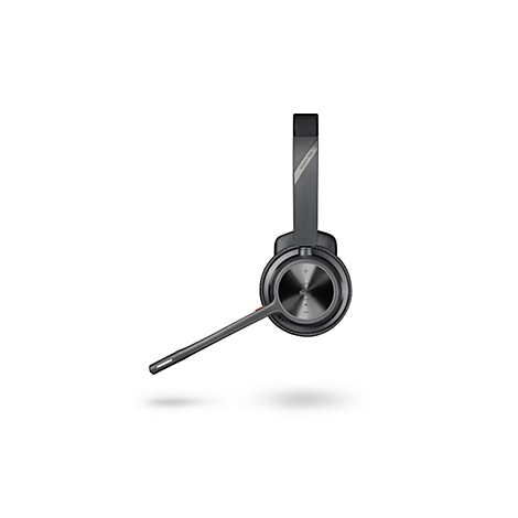 Schwarzes Poly Voyager 4310 Headset in Seitenansicht vor weißem Hintergrund.