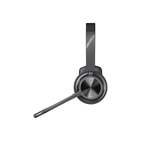Seitenansicht eines schwarzen Voyager 4310 Headsets mit Mikrofonarm vor weißem Hintergrund.