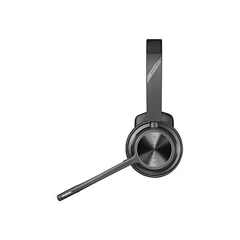 Schwarzes Poly Voyager 4310 Headset in der Seitenansicht mit sichtbarem Mikrofonarm und Lautstärkeregelung.