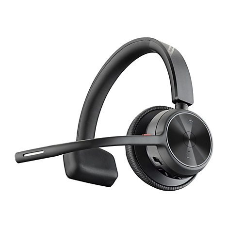 Schwarzes Poly Voyager 4310 Headset mit einem Ohrpolster und langem Mikrofonarm vor weißem Hintergrund.