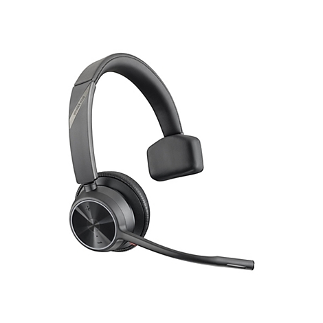 Schwarzes Poly Voyager 4310 On-Ear-Headset mit Bügelmikrofon auf weißem Hintergrund.