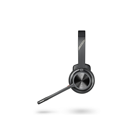 Drahtloses Headset auf weißem Hintergrund. Der schwarze Kopfhörer hat ein Mikrofon, einen Bügel mit der Aufschrift „Voyager 4310“.