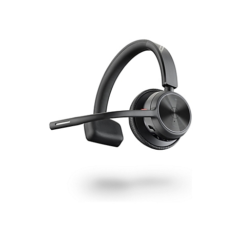 Schwarzes Bluetooth-Headset auf weißem Hintergrund. Der Bügel verläuft über dem Kopf, das Mikrofon ragt seitlich hervor.