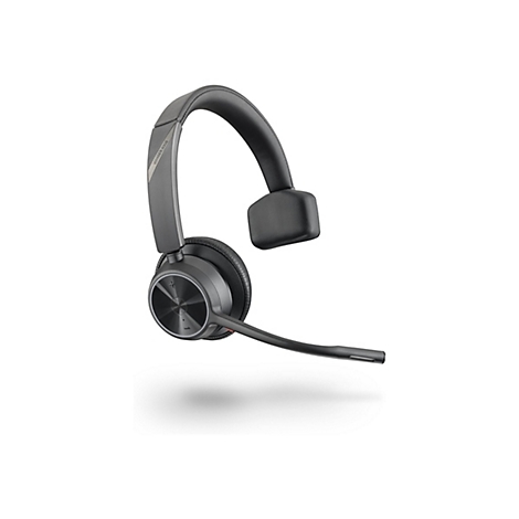 Drahtloses Headset auf weißem Hintergrund, Voyager 4310. Das Headset ist grau und schwarz mit Mikrofonarm und gepolsterten Ohrbügel.