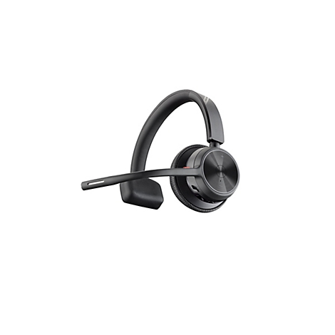 Schwarzes On-Ear-Headset mit einseitigem Bügel, Mikrofonarm und strukturierter Ohrmuschel vor weißem Hintergrund.