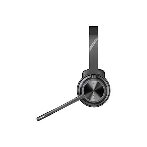 Draufsicht auf ein graues Voyager 4310 Headset mit Mikrofon und Bedienelementen.