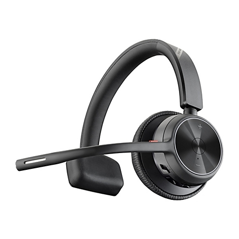 Ein schwarzes Headset auf weißem Hintergrund. Es hat einen Bügel, einen Mikrofonarm und einen Ohrhörer.