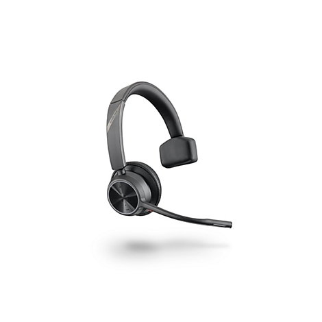 Schwarzes Poly Voyager 4310 On-Ear-Headset mit Bügelmikrofon vor weißem Hintergrund.
