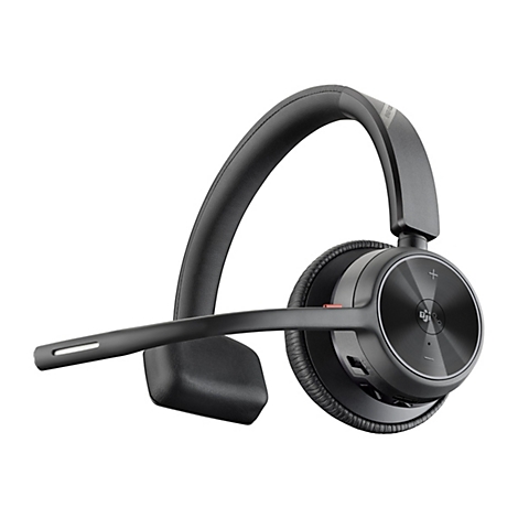 Schwarzes Bluetooth-Headset mit Bügel und Mikrofon, Detailaufnahme. Auf dem Ohrhörer befinden sich Knöpfe.