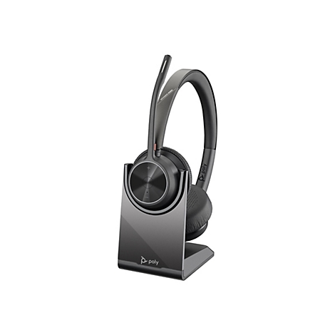 Ein graues Headset mit Mikrofon und Ladeschale, auf weißem Hintergrund. Auf dem Headset steht "Voyager 4320".