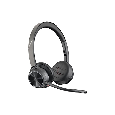 Drahtloses Headset in Grau und Schwarz. Mikrofon, Lautsprecher, und Bügel, Marke Poly, Modell Voyager 4320.