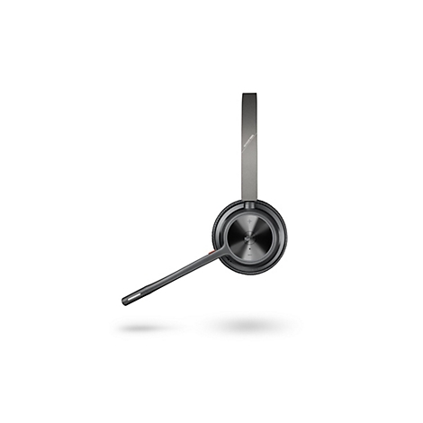 Seitliche Ansicht eines dunkelgrauen Voyager 4320 Headsets mit Mikrofonarm vor weißem Hintergrund.