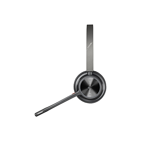 Drahtloses Headset mit Mikrofon und Bügel, grau und schwarz auf weißem Hintergrund.