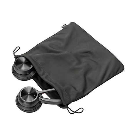 Dunkelgraues Headset in einer grauen Stofftasche mit Kordelzug, Logo poly.