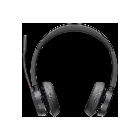 Drahtloses Headset auf schwarzem Hintergrund, mit Mikrofon und Ohrpolstern.