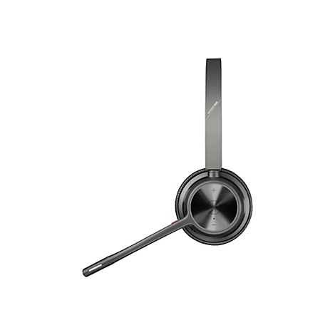 Drahtloses Headset auf weißem Hintergrund, graue Farbe mit Ohrmuschel und Mikrofon.