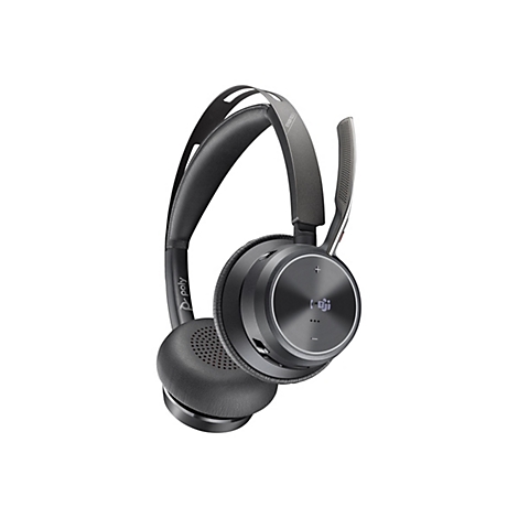 Drahtloses Headset auf weißem Hintergrund. Das Headset ist grau und schwarz. Auf der Ohrmuschel ist ein Plus-Zeichen.