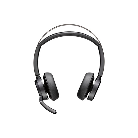 Draufsicht auf ein schwarzes Headset mit Ohrmuscheln, Mikrofon und Kopfbügel. Der Hintergrund ist weiß.
