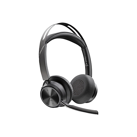 Drahtloses Headset in Grau, mit Mikrofon und Logos. Ohrmuscheln aus Leder, Polsterung für den Kopf, Voyager Focus 2.
