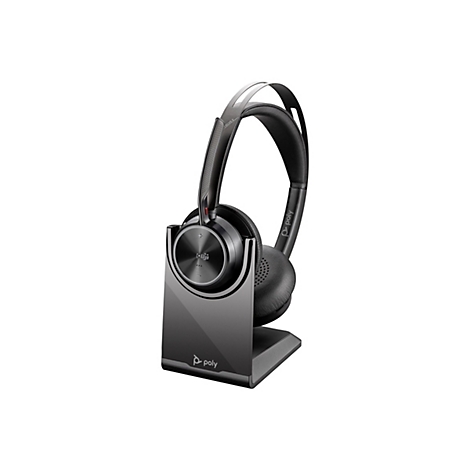 Drahtloses Headset mit Ladestation, schwarz und grau. Auf der Ohrmuschel befinden sich Tasten.