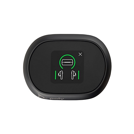 Schwarzes Ladegerät mit grünem Display, das ein Symbol und zwei Ohrhörer zeigt.