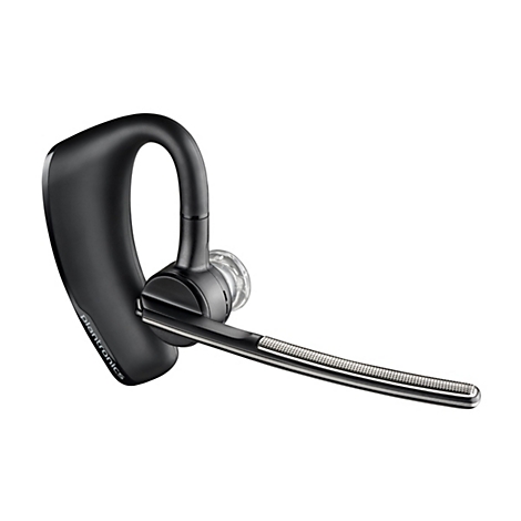 Schwarzes Bluetooth-Headset auf weißem Hintergrund, mit Mikrofonarm und dem Schriftzug "Plantronics".