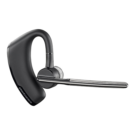 Schwarzes Bluetooth-Headset auf weißem Hintergrund, mit silberfarbenem Mikrofon.
