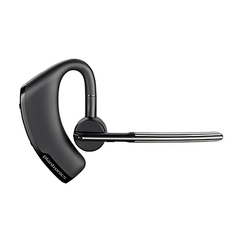 Ein schwarzes Headset mit Plantronics-Logo. Der Bügel verläuft über dem Ohr, der Mikrofonarm ist silberfarben.