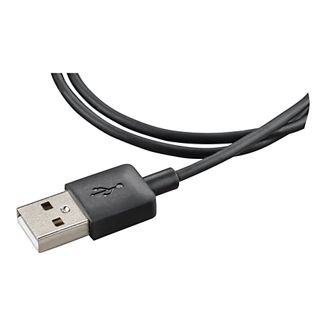 Ein schwarzes USB-Kabel, das auf weißem Hintergrund dargestellt wird. Der Stecker ist im Fokus.