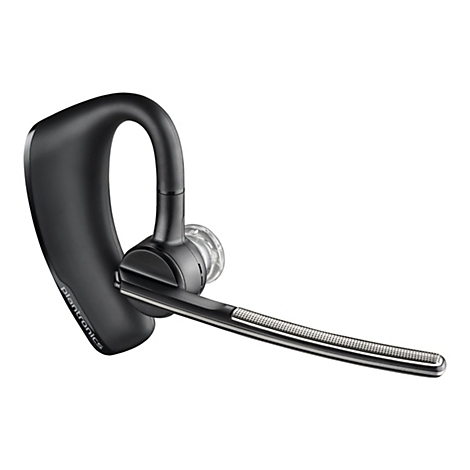 Schwarzes Bluetooth-Headset mit Ohrhörer und Mikrofon auf weißem Hintergrund. Der Name Plantronics ist sichtbar.