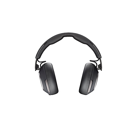 Draufsicht auf kabellose Kopfhörer. Schwarze Ohrmuscheln, gepolsterter Bügel auf weißem Hintergrund.