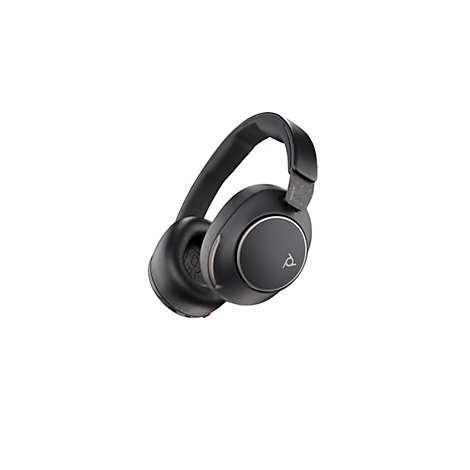 Schwarze kabellose Over-Ear-Kopfhörer von Poly mit geschwungenem Kopfbügel vor weißem Hintergrund.